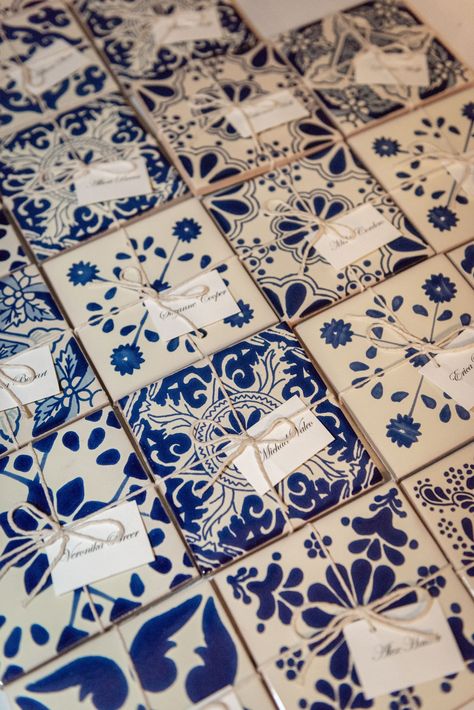 Tile Wedding Place Cards, Wedding Place Settings Name Cards, Talavera Seating Chart, Mediterranean Blue Wedding, Tile Name Cards Wedding, Azulejos Wedding, Wedding Tiles, Mexican Tile Wedding, Spanish Tile Wedding