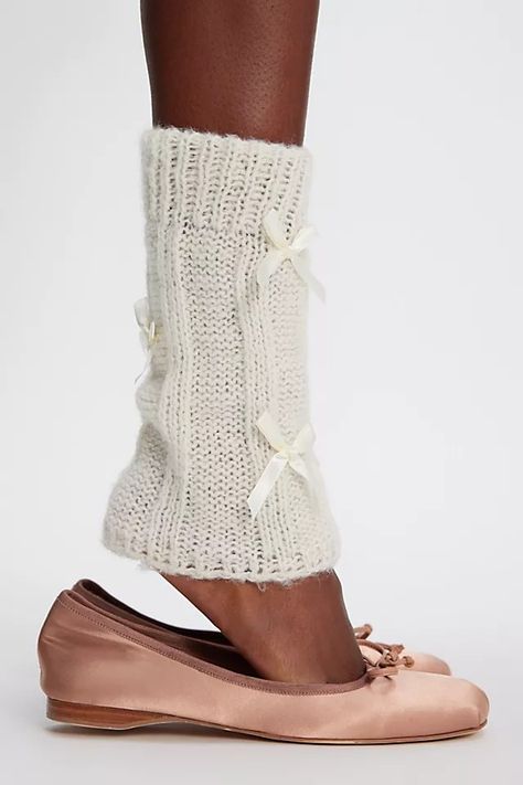 Bow Fluted Legwarmers | Free People Leg Warmers With Flats, Bow Tights Outfit, Knee Aesthetic, White Legwarmers, Wardrobe Build, Gold Tights, Leg Warmers Knit, Star Tights, Sparkle Tights