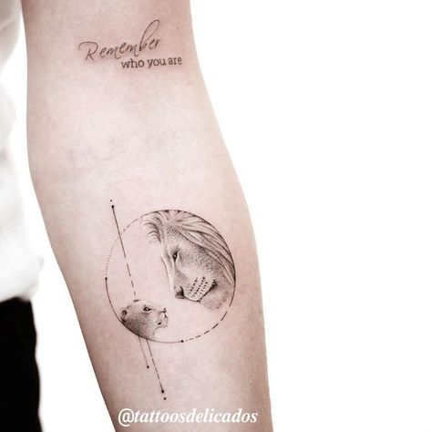 Lion Daughter Tattoo, Line Lion Tattoo Design, Single Needle Lion Tattoo, Best Leo Tattoo Designs, Lion Name Tattoo, Creative Minimalist Tattoo, Mother Son Lion Tattoo, Women’s Lion Tattoo, Lion And Lion Cub Tattoo