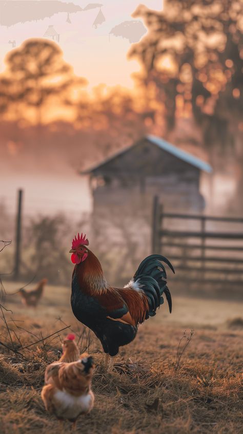 Witness the timeless beauty of rural mornings, where a vigilant rooster stands tall amidst dewy grass, his vibrant plumage a stark contrast to the soft, misty backdrop of the awakening farm. #SunriseFarm #GoldenGlow #ChickenWallpaper#CountrysideCharm #summerwallpaper Sunrise Farm, Chicken Wallpaper, Farm Pictures, Farm Lifestyle, Animals Farm, Farm Photography, The Awakening, Funny Images Laughter, Farms Living