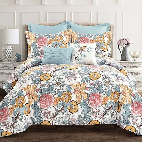 7 Piece Floral Pattern Comforter Set Blue And Coral Bedroom, Blue Floral Comforter, Dec Pillows, Blue Comforter Sets, Country Cottage Style, Lush Decor, Print Comforter, Euro Shams, Bedding Stores