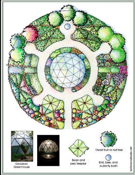 Love the key whole design here  with the geodesic in the center Circular Garden Design, Geodesic Greenhouse, Mandala Garden, Bee Bath, Circular Garden, Keyhole Garden, Dome Greenhouse, Landscape Design Drawings, Garden Plan