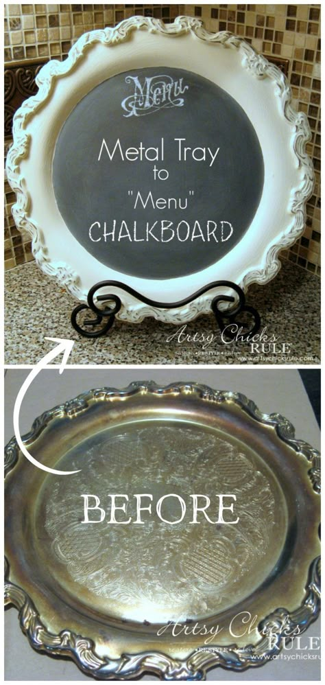 Old Metal Tray Repurposed!! So EASY with Chalk Paint! artsychicksrule.com Diy Home Decor For Apartments, Thrift Store Makeover, Thrift Store Crafts, Old Metal, Diy Upcycling, Metal Tray, Metal Trays, Upcycled Crafts, Mason Jar Crafts