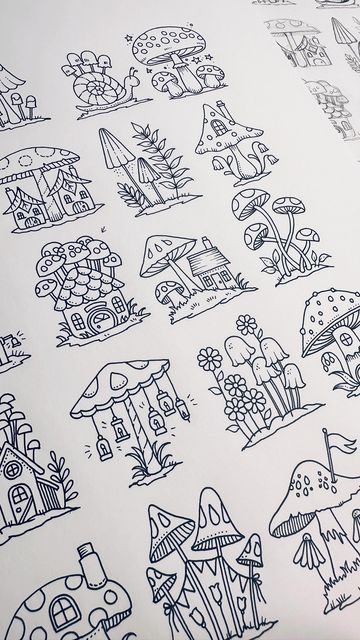 Johanna Basford on Instagram: "Inking last night’s sketchy toadstool patch for my new book, Small Victories - it’s a pocket sized collection of smaller compositions and little illustrations for you to colour in a single sitting (because we don’t always have hours and hours to dedicate to a super duper double page spread 😉). This new book is for all the moments when you need a quick colouring fix - to get some of those feel good completion vibes - but only have 15 minutes to spare. Much love, Cute Small Drawings Mushroom, Toadstool House Drawing, Fairy Garden Doodles, Scetchbook Draws Ideas Pencil Easy, Book Spread Design, Things To Collect Ideas, Johanna Basford Coloring Book Pages, Toadstool Drawing, Reading Doodles