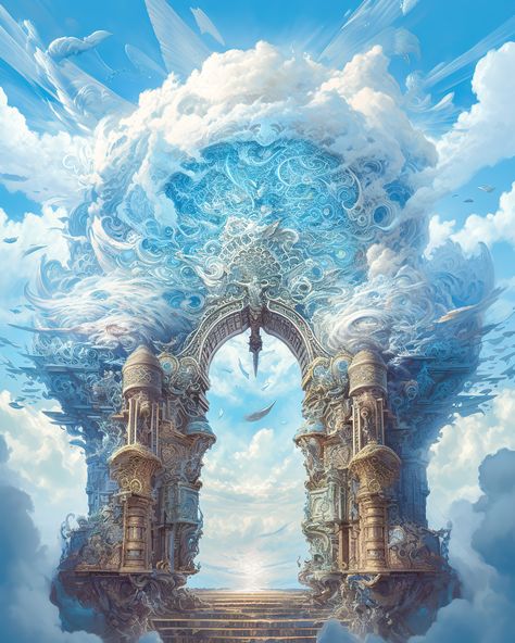 Fantasy concept art created with Midjourney v5 Heavenly Landscape Art, City Gates Fantasy Concept Art, High Fantasy Concept Art, Heaven Concept Art, Heaven Fantasy Art, Fantasy Architecture Concept Art, Heaven Realm, Fantasy Gate, Dnd Landscape