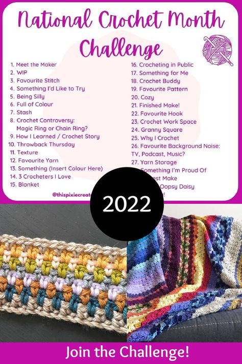 Join me in March 2022 for the National Crochet Month Challenge, where we share one picture and a caption related to the topic for the day, in the TPC - Crochet Community Facebook Group. Crocheters of all levels are welcome to participate! Learn more about the challenge by clicking the pin. Crochet Caption Ideas, Crochet Challenge, Month Challenge, T Shirt Sewing Pattern, 15 Day Challenge, Shirt Sewing, Yarn Storage, Yarn Stash, Puff Stitch