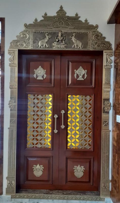 Pooja Room Double Door Designs, Puja Door, Main Door Design Entrance, Pooja Design, Pooja Door, Pooja Door Design, Indian Room Decor, Door Design Photos, Main Entrance Door Design