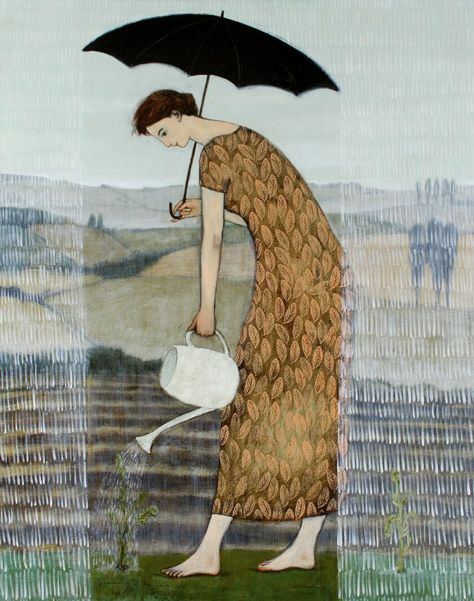 Brian Kershisnik, Umbrella Art, Garden Drawing, Art Et Illustration, Naive Art, Museum Of Fine Arts, In The Rain, Figurative Art, Fine Arts