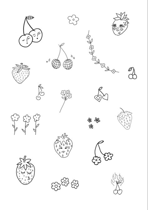 Mini People Tattoo, Cryptic Tattoos, Disco Strawberry, Dainty Tattoo Designs, Flash Sheet Tattoo, Tattoo Sheets, Thumb Tattoos, Strawberry Tattoo, Tattoo 2024