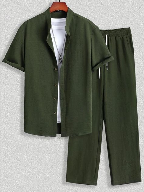 Manfinity Homme Men Solid Button Front Shirt & Drawstring Waist Pants Without Tee | SHEIN USA Ebay Reinstatement, Khaki Tops, Drawstring Waist Pants, Ebay Business, Sweatsuit Set, Track Suit Men, Polyester Jacket, Cool Outfits For Men, Fit Ideas