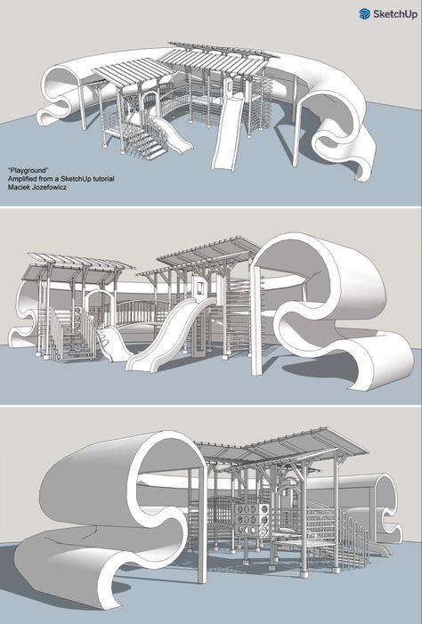 This playground structure was built in SketchUp, following their tutorial. Most of it is the turtorial design. I made some small alterations, like making the second slide taller and moving it to the front, and additions, one of which is an extruded protective wall. The serpentine wall needs perforations for water drainage, views and movement. #playground #architecture #SketchUp Architectural Playground Design, Playground Slide Design, Train Concept Design, Outdoor Playground Design Architecture, Indoor Playground Design Architecture, Sketchup Tutorial Architecture, Small Park Design, Sketchup Model Architecture, Playground Design Plan