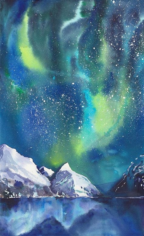 Aurora Borealis Drawing, Northern Lights Watercolor, Aurora Borealis Painting, Watercolor Night Sky, Northern Lights Painting, Diy Watercolor Painting, Landscape Art Painting, Galaxy Painting, 수채화 그림