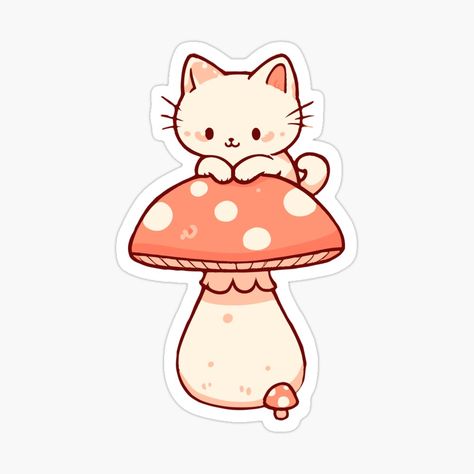 Get my art printed on awesome products. Support me at Redbubble #RBandME: https://www.redbubble.com/i/sticker/Cat-on-mushroom-cute-by-GlobalDesigns/153964774.EJUG5?asc=u #cat #cute #cottagecore #mushrooms #mushroom #cottagecore #cataesthetic #cottagecoreaesthetic #whiteaesthetic #cutemushroom Mushroom Cat Drawing, Mushroom Stickers Printable, Cat On Mushroom, Mushroom Art Cute, Cartoon Mushrooms, Cottagecore Drawing, Cottagecore Stickers, Cottagecore Animals, Mushroom Cute