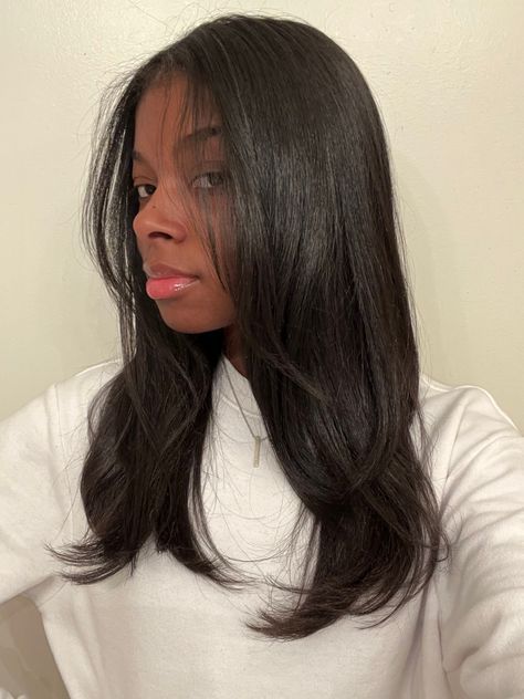 Thick Straight Hair Black Women, Aesthetic Silk Press, Relaxed Hair Haircuts, Long Layers Medium Length Hair Black Women, Sew In Natural Look, Long Straight Hair Black Women Natural, Straight Hair Black Women Natural, 16 Inch Sew In Weave Straight, Face Framing Layers Silk Press