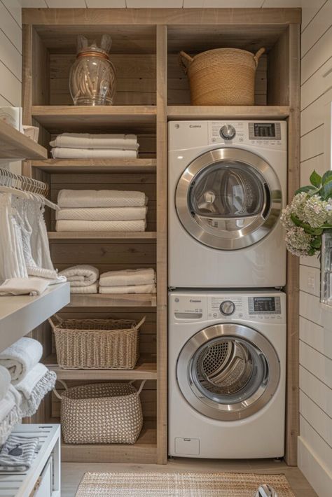 Scandinavian Laundry Stack Laundry Room Small Space Stackable, Stacking Laundry Closet Ideas, Laundry Outside Ideas, Laundry Room With Linen Closet, Laundry Inside Closet, Washing Machine Stacked, Small Laundry Room Ideas Stacked Washer, Scandinavian Laundry Room Ideas, Laundry Closet Ideas Stacked