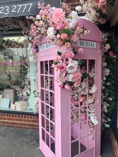 This listing is for a stunning pink flower garland, just one of a kind! A gorgeous mix of high quality silk roses, peonies, hydrangeas, cherry blossom make for a 12-15 inches wild flower garland.  Our gorgeous flower garlands can be used as interior decor pieces or can be used for weddings or events, very often being confused for real flowers as their quality is so great! Our beautiful flower garlands can be tied onto frames with cable ties or can be laid flat on a table as a flower runner. I ha Pink Retail Window Display, Cherry Blossom Pink Aesthetic, Pink Airbnb Decor, Large Floral Installations, Pink Theme Wedding Decor, Floral Room Decor Ideas, Pink Store Aesthetic, Cherry Blossom Interior, Flower Store Design