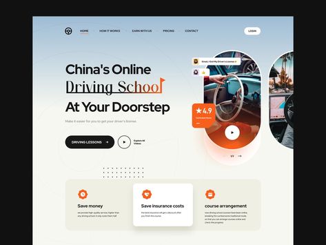 Design of driving school landing page by Jeehom on Dribbble School Landing Page, Jay Hong, Screen Cards, School Enrollment, School Website, Online Lessons, Driving School, Landing Page Design, School Design