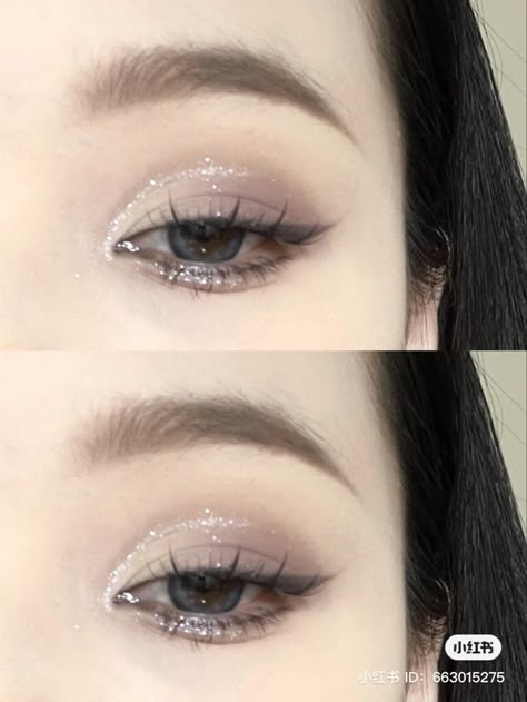 Cool Easy Eyeshadow Looks, Dark Makeup For Big Eyes, Eye Shadow Inspirations, Erica Titus Makeup, White Homecoming Makeup, Hime Bangs Curly Hair, Basic Glitter Eye Makeup, Unleashia Glitterpedia Tutorial, Prom Makeup Douyin