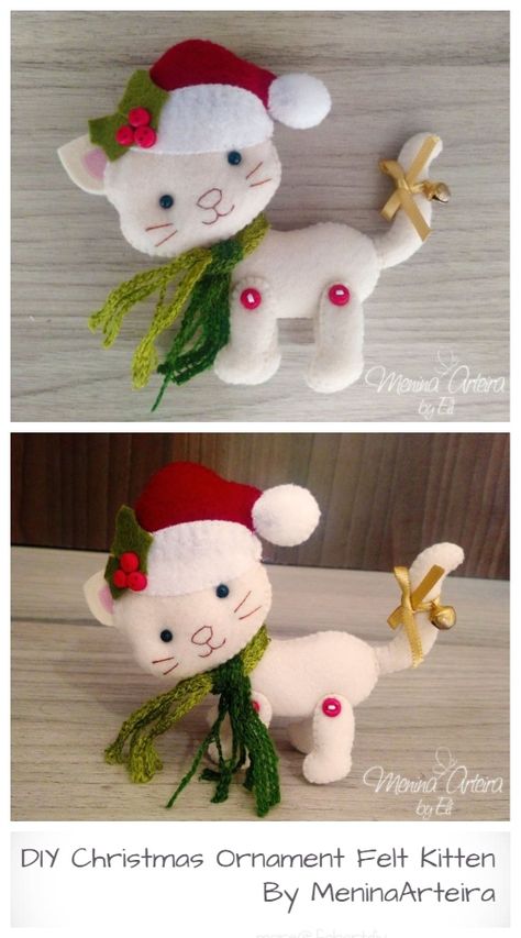 DIY Christmas Ornament Felt Kitten Free Sewing Patterns Free Felt Cat Patterns, Cat Christmas Decorations, Christmas Felt Patterns, Felt Christmas Patterns, Free Felt Patterns Printables, Felt Xmas Decorations, Cute Felt Crafts, Christmas Felt Crafts, Felt Cat Ornament