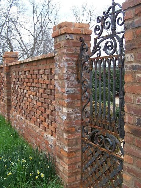 13 Brick Fence and Column Designs - A Quick Planning GuideFacebookGoogle PinterestTumblrTwitterYouTube Brick Wall Gardens, Iron Garden Gates, Brick Columns, Doors Ideas, Brick Fence, Brick Garden, Wrought Iron Gate, Wrought Iron Fences, Modern Fence