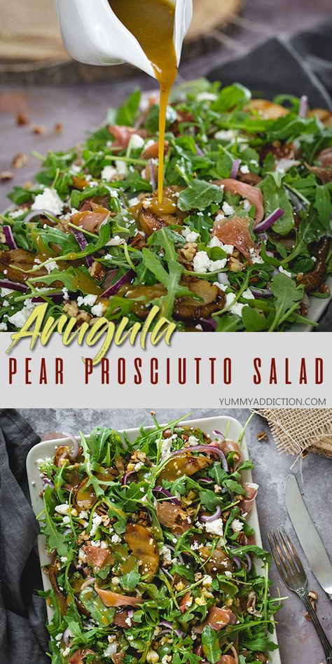 This salad has it all: the peppery flavor of arugula, the saltiness of prosciutto and feta, the crunchiness of pecans, and the sweetness of grilled pears. Perfect as a light meal or as a fancy starter at your next party. The honey mustard vinaigrette is like a cherry on top! #pears #prosciutto #salad #lunch #arugula Grilled Pears, Arugula Prosciutto, Prosciutto Salad, Pear Salad Recipes, Fancy Salads, Arugula Recipes, Arugula Salad Recipes, Mustard Vinaigrette, Salad Lunch