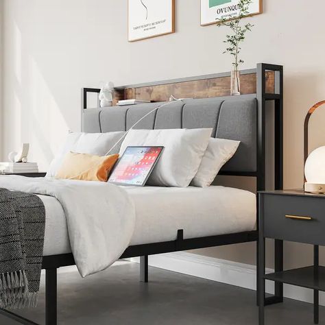 Bed Frame, Storage Headboard with Charging Station and 2 Storage Drawers, Solid and Stable - Bed Bath & Beyond - 39885229 Bed Frame Storage, Gray Upholstered Headboard, Frame Storage, Iron Bed Frame, Wood Platform Bed Frame, Storage Headboard, Full Size Bed Frame, Full Bed Frame, Beds And Headboards