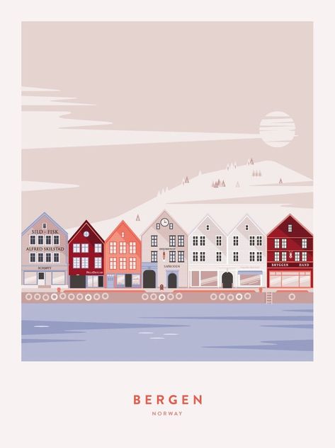 Norway Drawing, Bergen Norway, Travel Illustration, Architecture Illustration, Travel Wall Art, Vintage Travel Posters, Vintage Travel, Scandinavia, Retro Poster