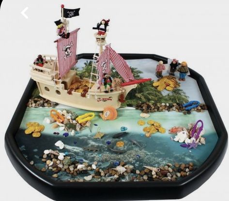 Pirate Tuff Tray Ideas, Pirate Eyfs, Eyfs Pirates, Fun Brownies, Tuff Table, Pirate Scene, Nursery Practitioner, Tuff Tray Ideas Toddlers, Glitter Furniture