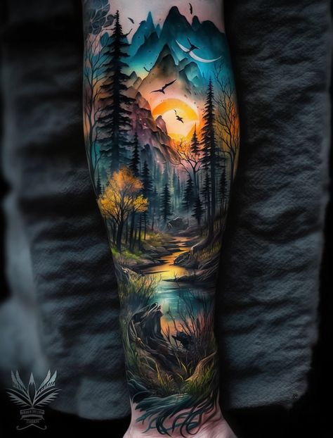 Forest Flowers Tattoo, Enchanting Tattoos, Vibe Tattoos, Tattoo Mountains, Forest Tattoo Sleeve, Forest Forearm Tattoo, Wilderness Tattoo, Outdoor Tattoo, Forearm Cover Up Tattoos