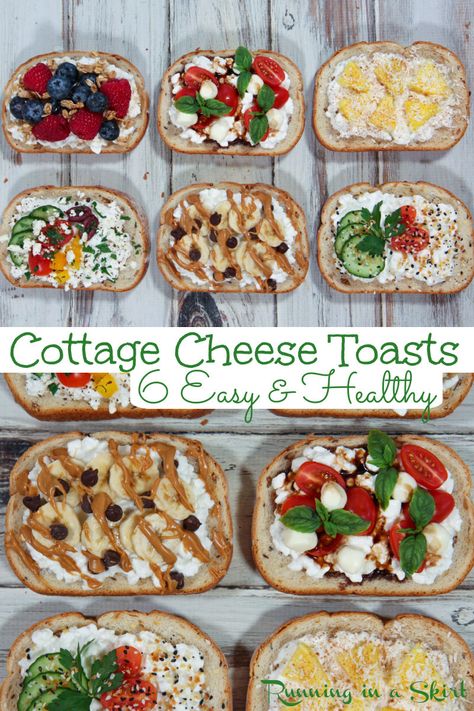 Looking for Cottage Cheese Toast Ideas? Here's an all-inclusive list of the best sweet and savory Cottage Cheese Toasts that just happens to be a high protein, vitamin-rich snack or breakfast that comes together in just 5 minutes. Toast And Cottage Cheese, English Muffin Cottage Cheese, Cheba Hut Recipes, Cottage Cheese Air Fryer Toast, Cottage Cheese Recipes Healthy Snack, Cottage Cheese Breakfast Toast, Cottage Cheese Tomato Toast, Savory Cottage Cheese Toast, Cottage Cheese English Muffin