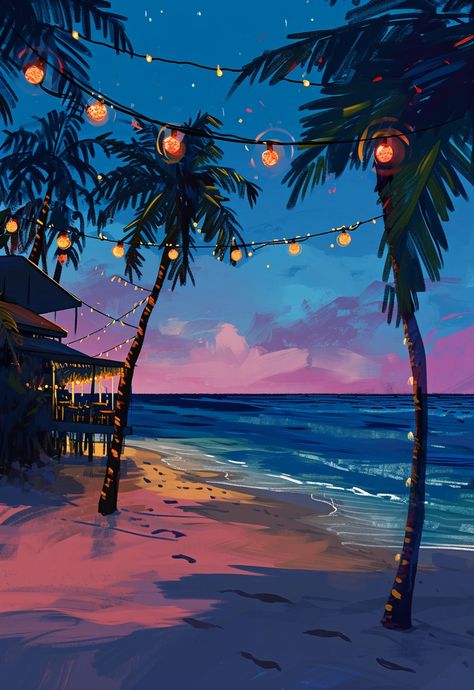 ✨🎨Travel Wall Art with Midjourney Prompts - Click the Link in my Bio🔗👀 Aesthetic Beach Drawing, Beach Background Drawing, Tropical Painting Ideas, Summer Art Aesthetic, Paradise Drawing, Painting Of A Beach, Palm Painting, Beach With Palm Trees, 30 Day Art Challenge