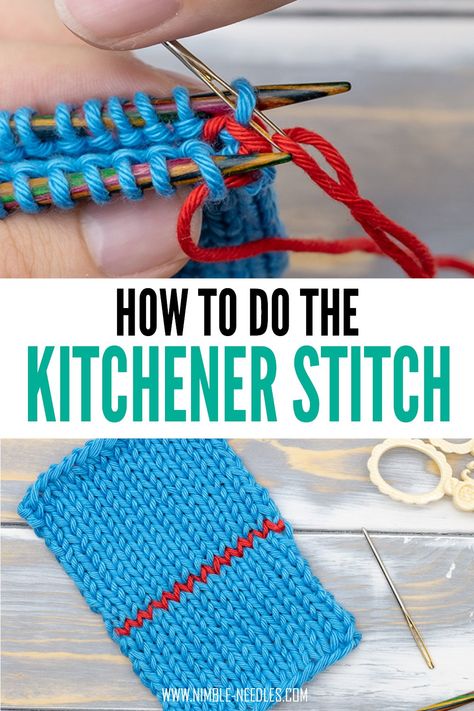 A step by step tutorial on how to do the kitchener stitch. a super easy and invisible way to graft two knitted pieced together. Grafting Knitting, Knitting Beginners, Advanced Knitting Techniques, Knitting Easy, Kitchener Stitch, Intermediate Knitting Patterns, Advanced Knitting, Knitting Hacks, Knitting Diy