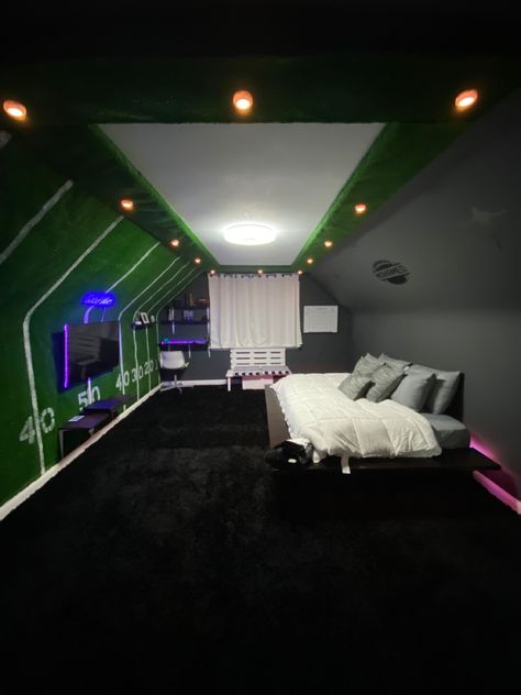 Football, bedroom decor, teen bedroom, boy bedroom Turf In Bedroom, Grass Floor Bedroom, Grass Wall Bedroom, Football Bedroom Decor, Bedroom Football, Football Turf, Football Bedroom, Grass Carpet, Bed With Led Lights