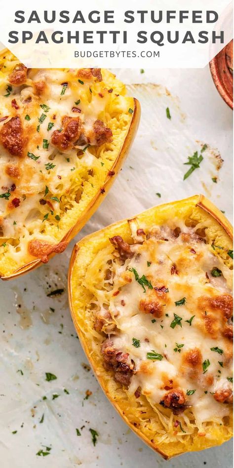 Sausage Stuffed Spaghetti Squash, Italian Sausage Spaghetti, Sausage And Spaghetti Squash, Spaghetti Squash Recipes Easy, Stuffed Spaghetti Squash, Stuffed Squash, Sausage Spaghetti, Baked Spaghetti Squash, Budget Bytes