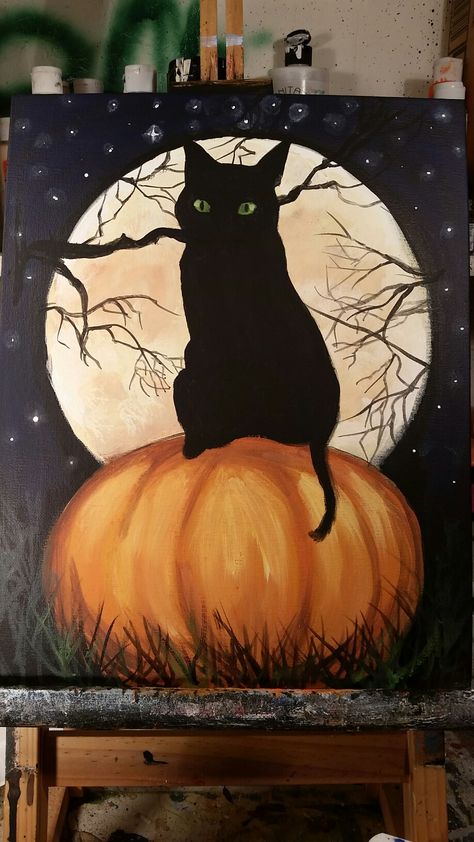 Easy Acrylic Halloween Paintings, Spooky Woods Painting, Halloween Scenes To Paint, Spooky Paintings Ideas, Halloween Painting Easy Canvas, Autumn Paint Night Ideas, Cool Pictures To Paint, Cat Halloween Painting, Spooky Paint Night