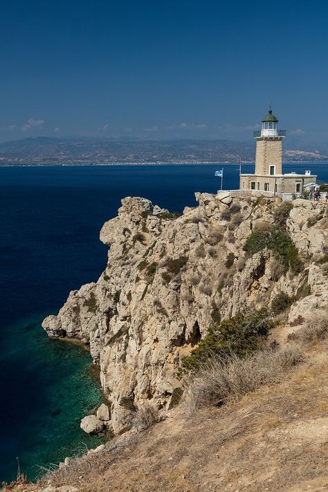 Lighthouse Melagavi, near Loutraki town, Corinth Prefecture, Peloponnese, Greece Corinth Greece, Peloponnese Greece, Lighthouse, Greece, Water