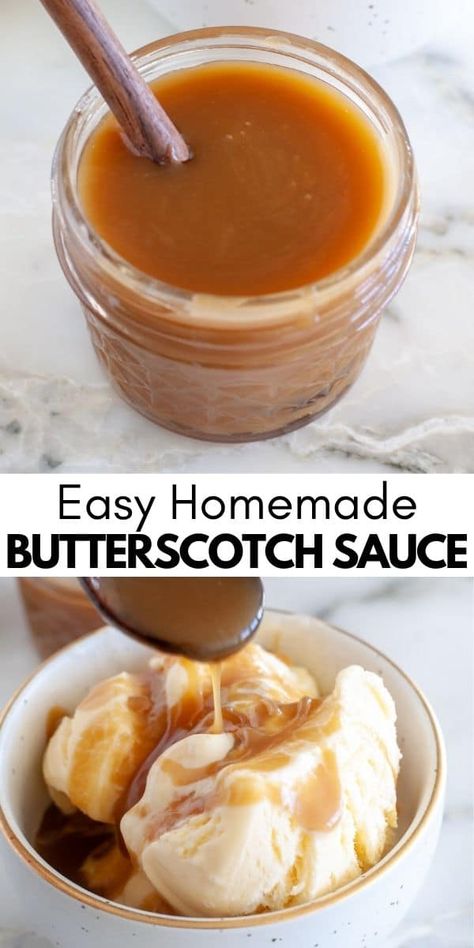 Homemade butterscotch sauce is so easy to make and can be poured on almost anything! Butterscotch sauce is delicious over ice cream, cheesecake, pancakes and more. Butterscotch Sauce Homemade, Ice Cream Sauces Recipes, Butterscotch Syrup Recipe, Homemade Butterscotch Syrup, Homemade Butterscotch Sauce, Easy Butterscotch Sauce, Butterscotch Syrup For Coffee, How To Make Butterscotch Sauce, Butterscotch Simple Syrup