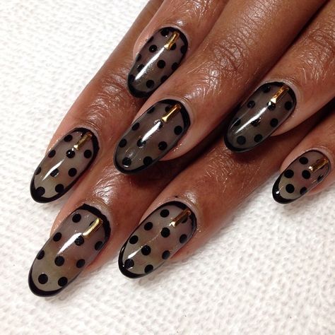 @heynicenails Polka Dot Nails Acrylic, Black Dot Nails, College Nails, Oval Nails Designs, Fye Nails, Dot Nails, Sheer Nails, Polka Dot Tights, Fruits And Flowers