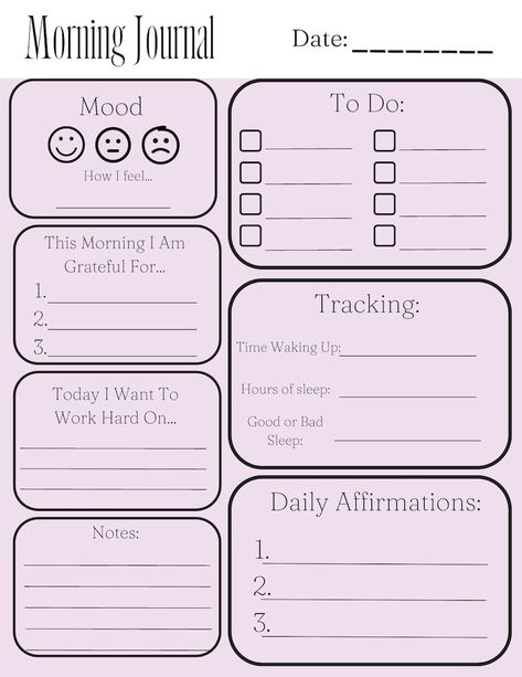 Daily Journal Design Ideas, Easy Daily Journal Ideas, Daily Journal Layout Free Printables, Journal Check In, Daily Journal Template Layout, Daily Mental Check In, Daily Goals Template, Morning Check In, Weekly Check In