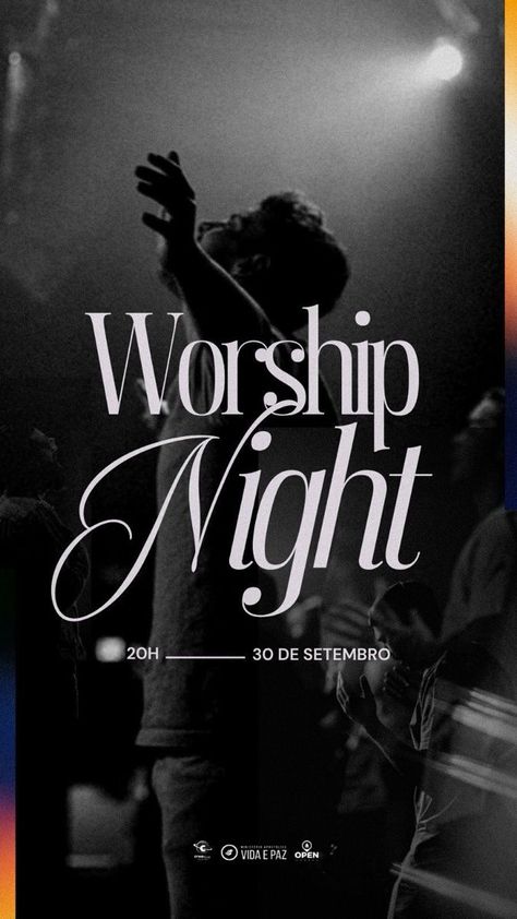 Worship Night - Church Design - Social Media Church - Inspiration Design - Flyer. Worship Night Graphic, Detachable Tulle Train, Cute Instagram Story Ideas, Church Poster Ideas, Cute Instagram Story, Church Media Graphics, Church Announcements, Christian Photography, Social Media Church