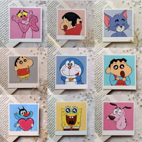 Cartoon Collage Painting, Cute Polaroid Drawings, Polaroid Pictures Drawing, Cute Polaroid Paintings, Cartoon Polaroid, Painting Polaroids, Canvas Painting Cute, Polaroid Drawing, Sticker Letters