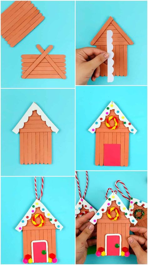 House From Popsicle Sticks, Holiday Crafts For Adults Diy Projects, Popsicle Stick Christmas Village, Popsicle Stick Cabin, Popsicle Stick Gingerbread House Ornament, Popsicle Stick Art Christmas, Popsicle Gingerbread House, Crafts With Popsicle Sticks For Adults, Craft Using Popsicle Sticks