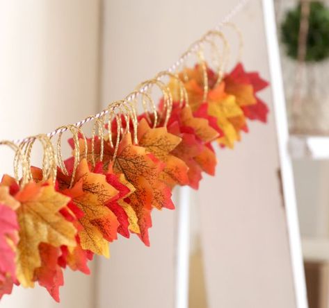 How to make a garland with fall leaves Make Garland, Make A Garland, Fall Fireplace Decor, Autumn Garland, How To Make Garland, Fall Fireplace, Embroidered Leaves, Fall Garland, Welcome Fall