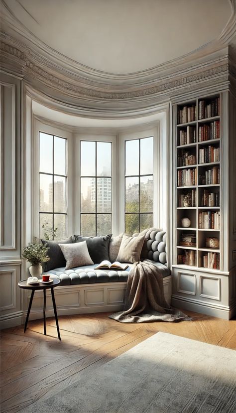 21 Bay Window Decorating Ideas That Will Transform Your Space 🌟✨ Bay Window Rectangle Table, Elegant Reading Room, Bay Window Update, How To Create A Reading Nook, Bay Window Bookshelves, Reading Nook With Bookshelves, Window Reading Nook Ideas, Reading Corner Window, Bay Window Ideas Bedroom