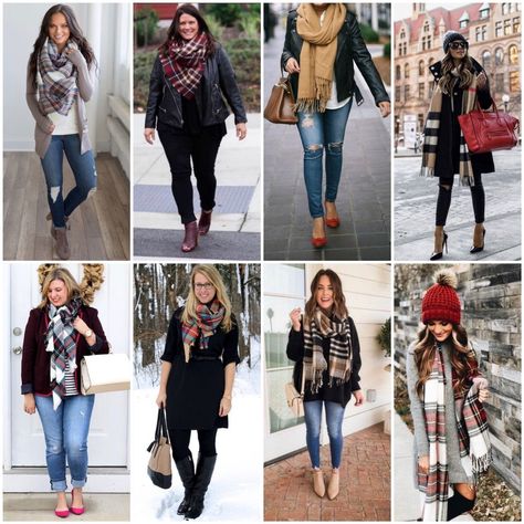 how to wear a scarf on other women Blazer And Scarf Outfit Winter, Outfits With Scarves Winter, Large Scarf Outfit Winter, Winter Scarves Outfits, How To Style A Scarf Winter, How To Wear A Scarf In Winter, Plaid Scarf Outfit Winter, How To Style Scarf Outfit, How To Style A Scarf