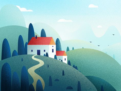 Mountain House skey birds cloud 🌳. design green blue winter road hill meadow house art nature illustrations light landscape tree illustration Illustration Moodboard, Motivation Illustration, Designer Portfolio, Bg Design, House In Nature, House Illustration, Tree Illustration, A Hill, Landscape Illustration