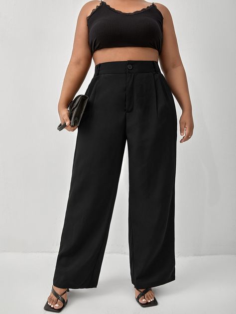 Black  Collar  Fabric Plain Straight Leg Embellished Non-Stretch  Plus Size Suits Black Official Pants Outfit, Pants For Thick Thigh, Plus Size Trousers Outfit High Waist, Formal Outfits For Women Plus Size, Plus Size High Waisted Pants, Plus Size Wide Leg Pants Outfit, Pleated Pants Outfit, Plus Size Wide Leg Pants, Plus Size Suit