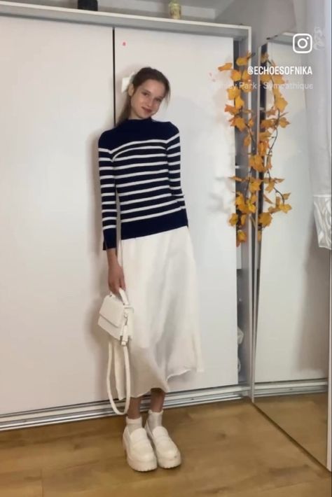 Silk dress, white loafers, platform shoes, hair bow, striped swearer, navy blue jumper, navy blue cardigan White Striped Sweater Outfit, Silk Dress White, Loafers Platform, Striped Sweater Outfit, White Loafers, Navy Blue Cardigan, Jumper Outfit, White Striped Sweater, Blue Jumper