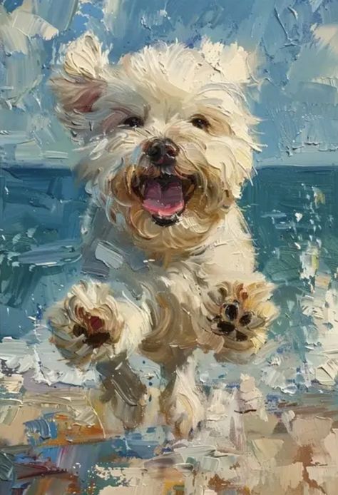 Maltese Painting, Dog Portraits Art, Beach Canvas Art, Hal Decor, Kunming, 강아지 그림, Dog Canvas, White Dog, Beach Wall Art