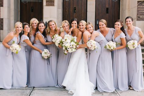 The nine bridesmaids wore lavender dresses from Bella Bridesmaids Bridesmaids Photos, Bella Bridesmaid, Lavender Dresses, American Spirit, Atlanta Wedding, Industrial Wedding, Atlanta Georgia, Wedding Party Dresses, Beautiful Bride